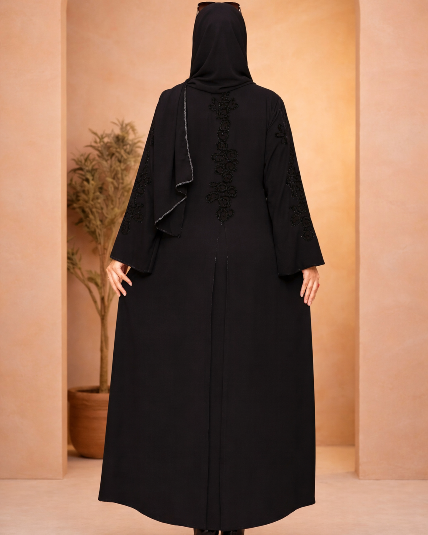 Black Abaya - Open Pearled