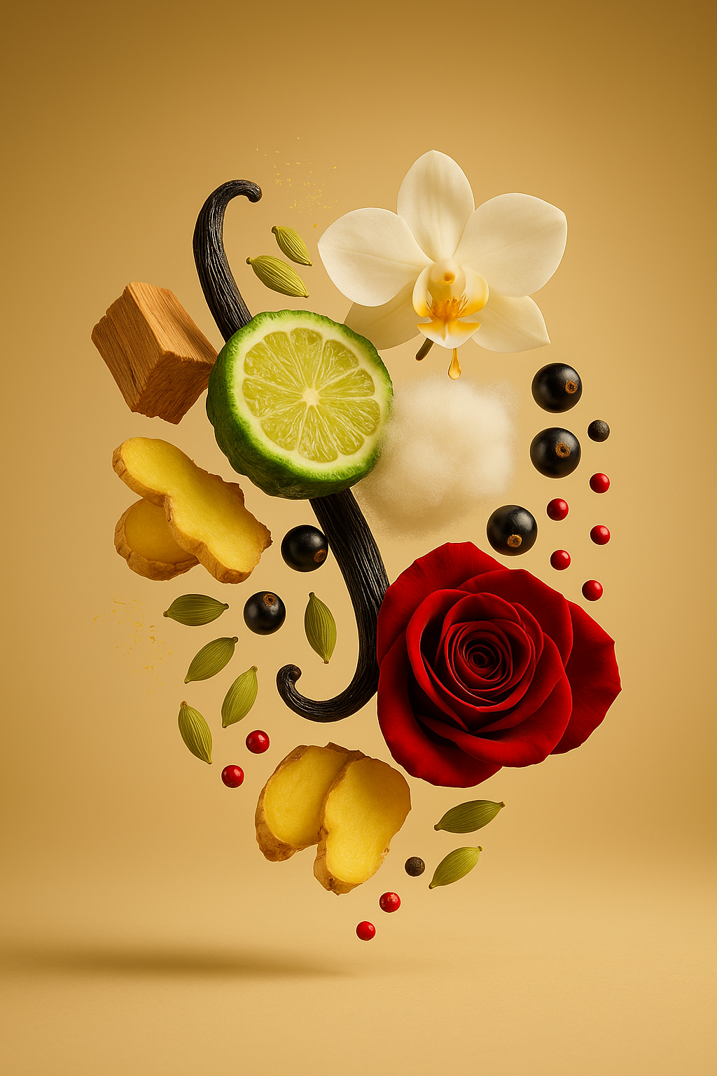Decorative arrangement of a red rose, white orchid, lime, ginger, and blackberries on a beige background.