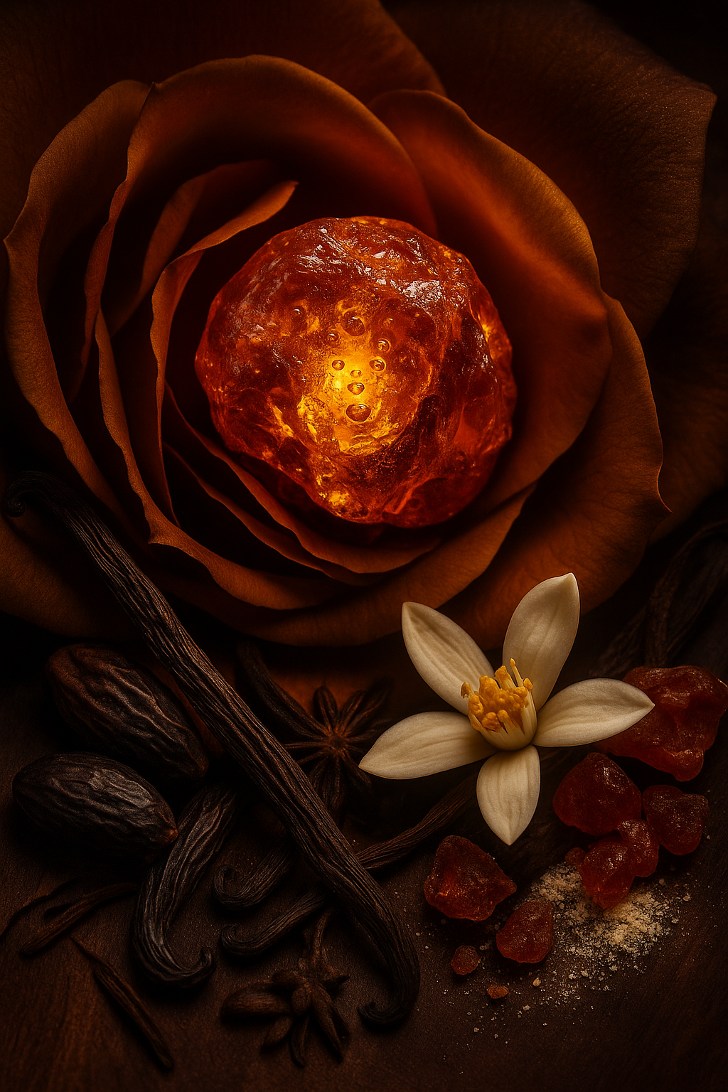 Rose with a glowing amber stone, vanilla bean, anise, and dried fruits on a dark background