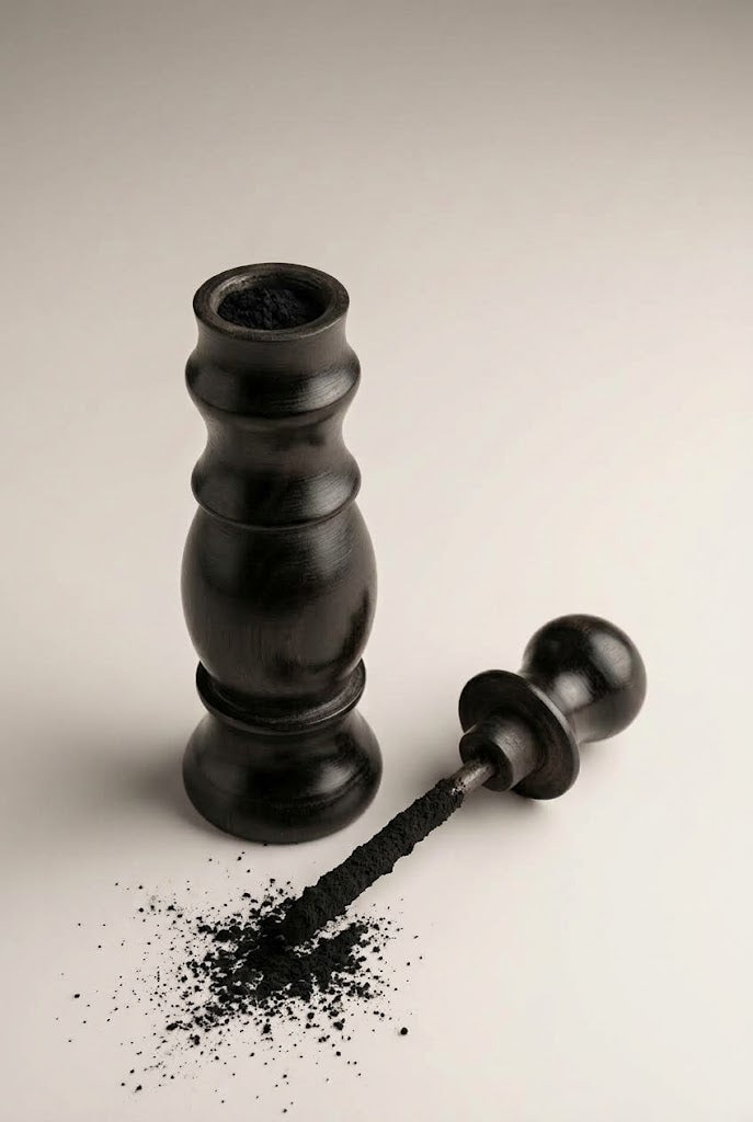 Ebony wood kohl applicator shown open with the applicator stick dipped in kohl