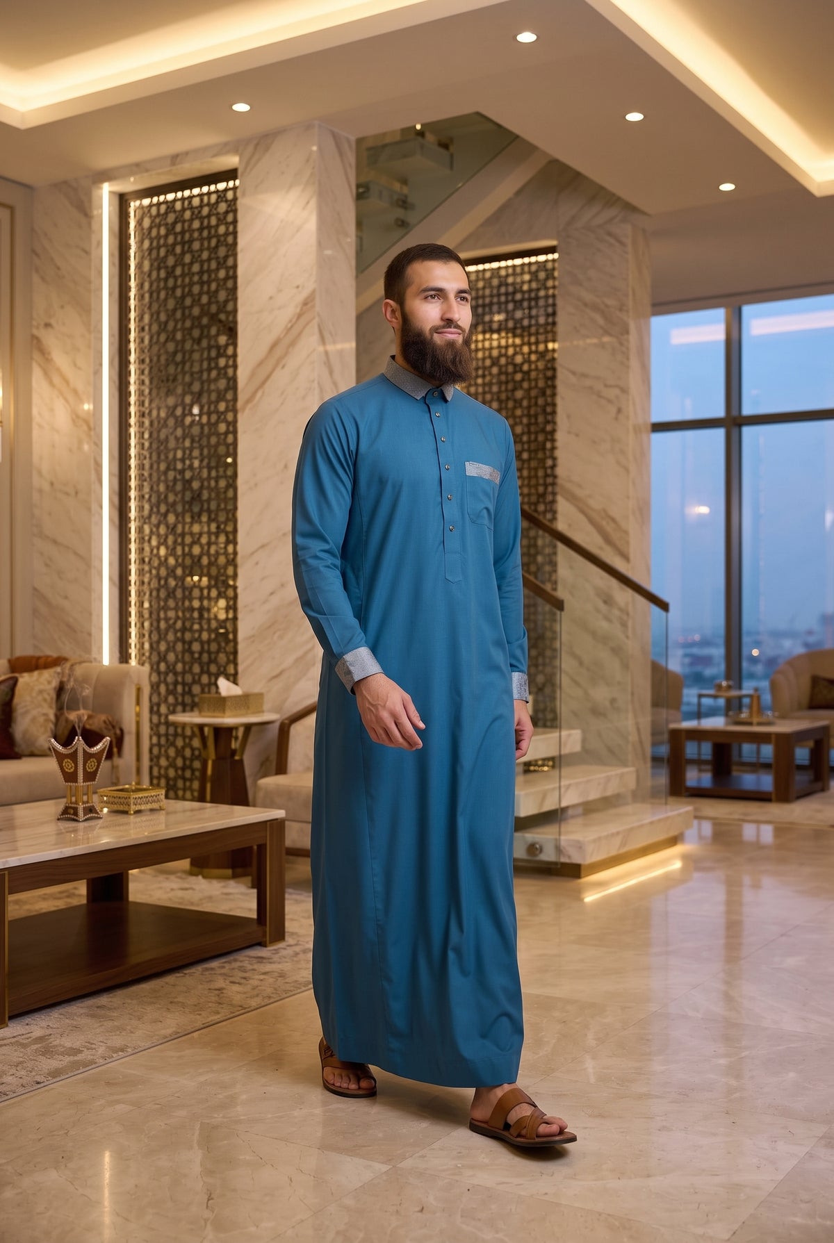 Luxury Signature Thobe for Men – Contrast Collar Saudi Thobe with Gold Buttons | Emerald & Ocean