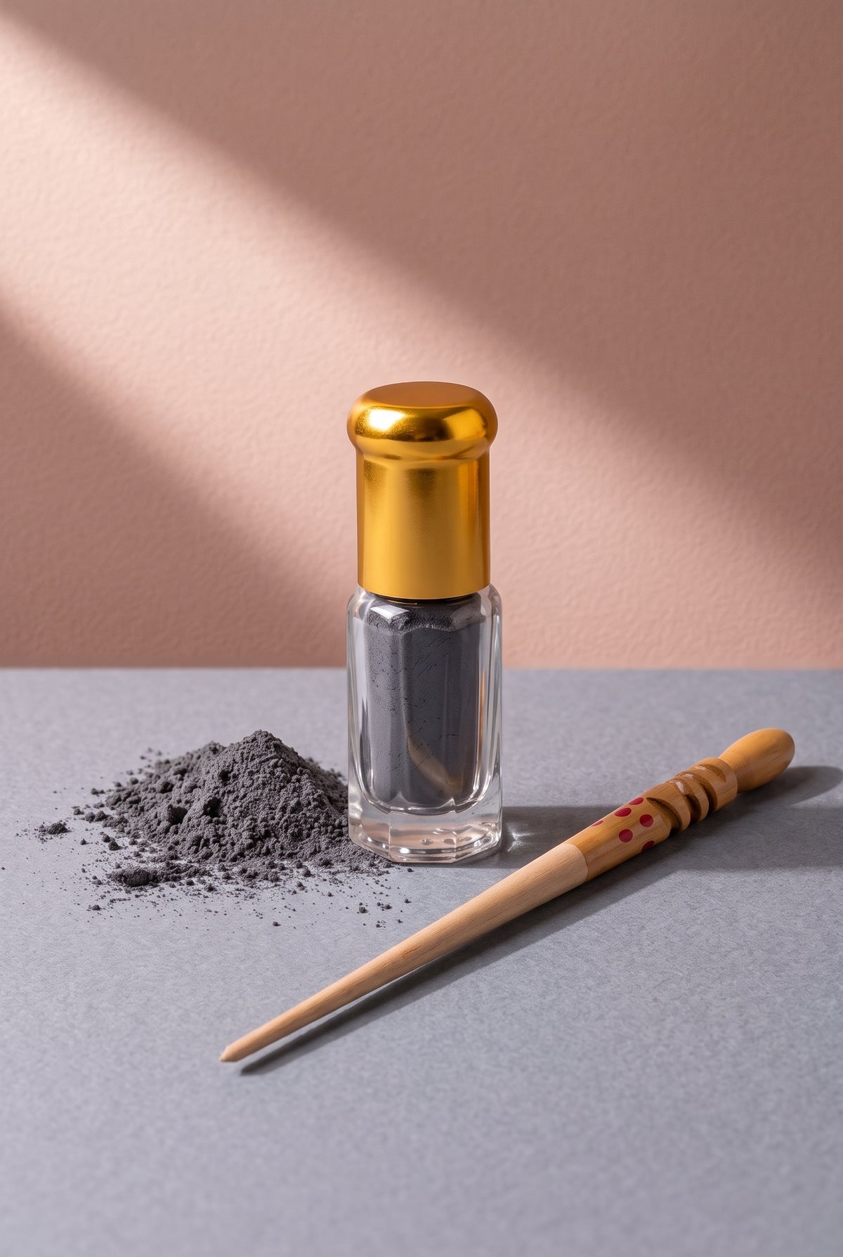 Ithmid Kohl bottle with traditional wooden kohl stick and charcoal kohl powder