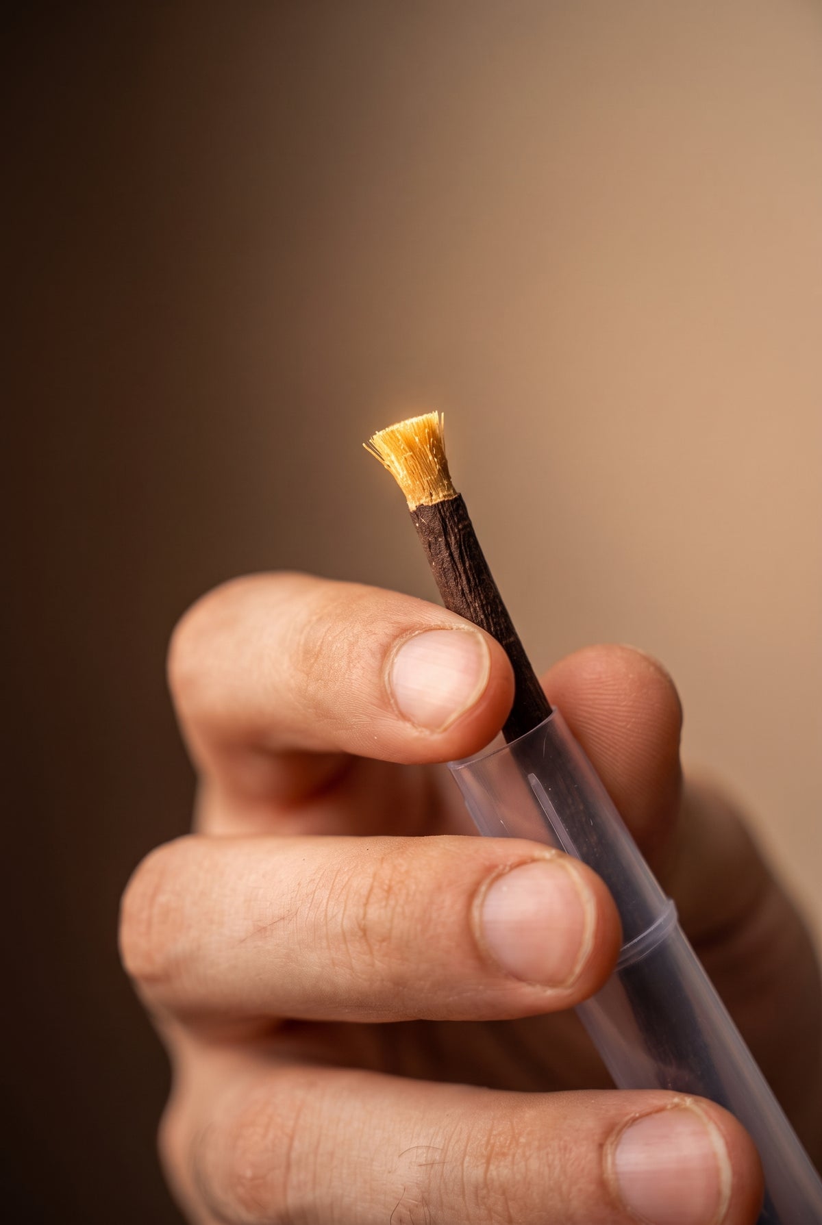 Hand holding a Zaitoon olive miswak with a freshly peeled golden bristle tip in its holder