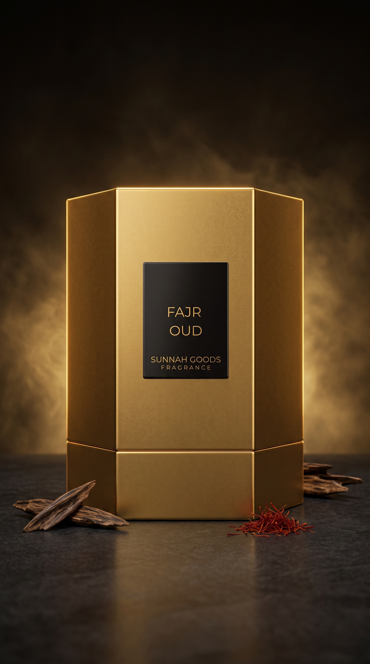 Gold Sunnah Goods gift box for Fajr Oud EDP on dark charcoal with a warm golden glow