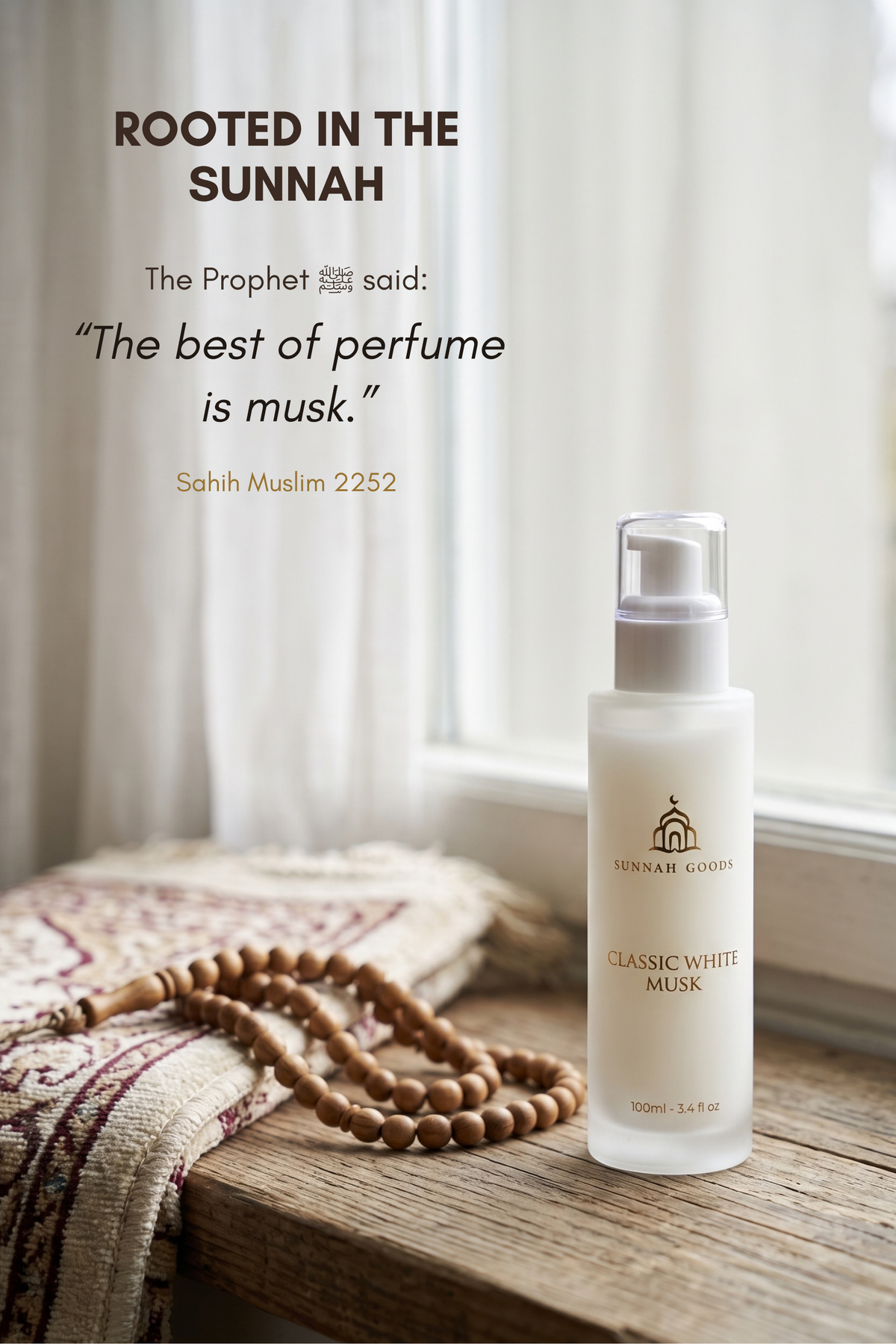 The Prophet said: The best of perfume is musk (Sahih Muslim 2252), with Musk Al Tahara Classic White Musk, prayer beads and a prayer rug