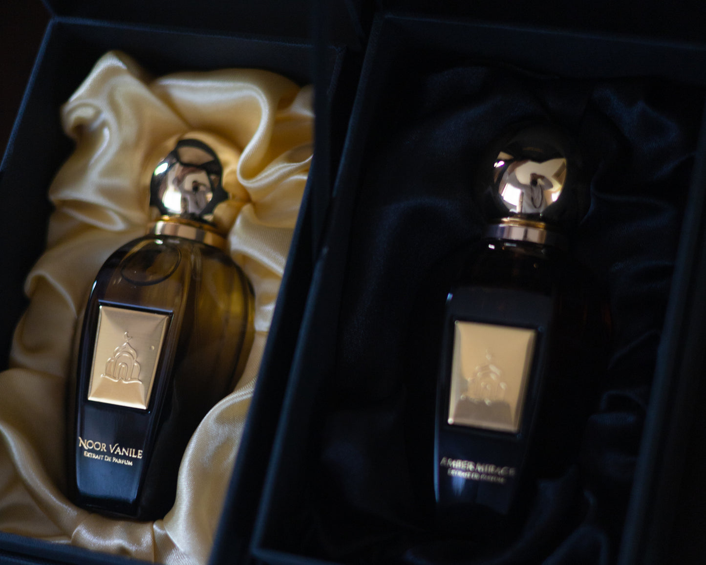 Two perfume bottles in a decorative box with gold accents
