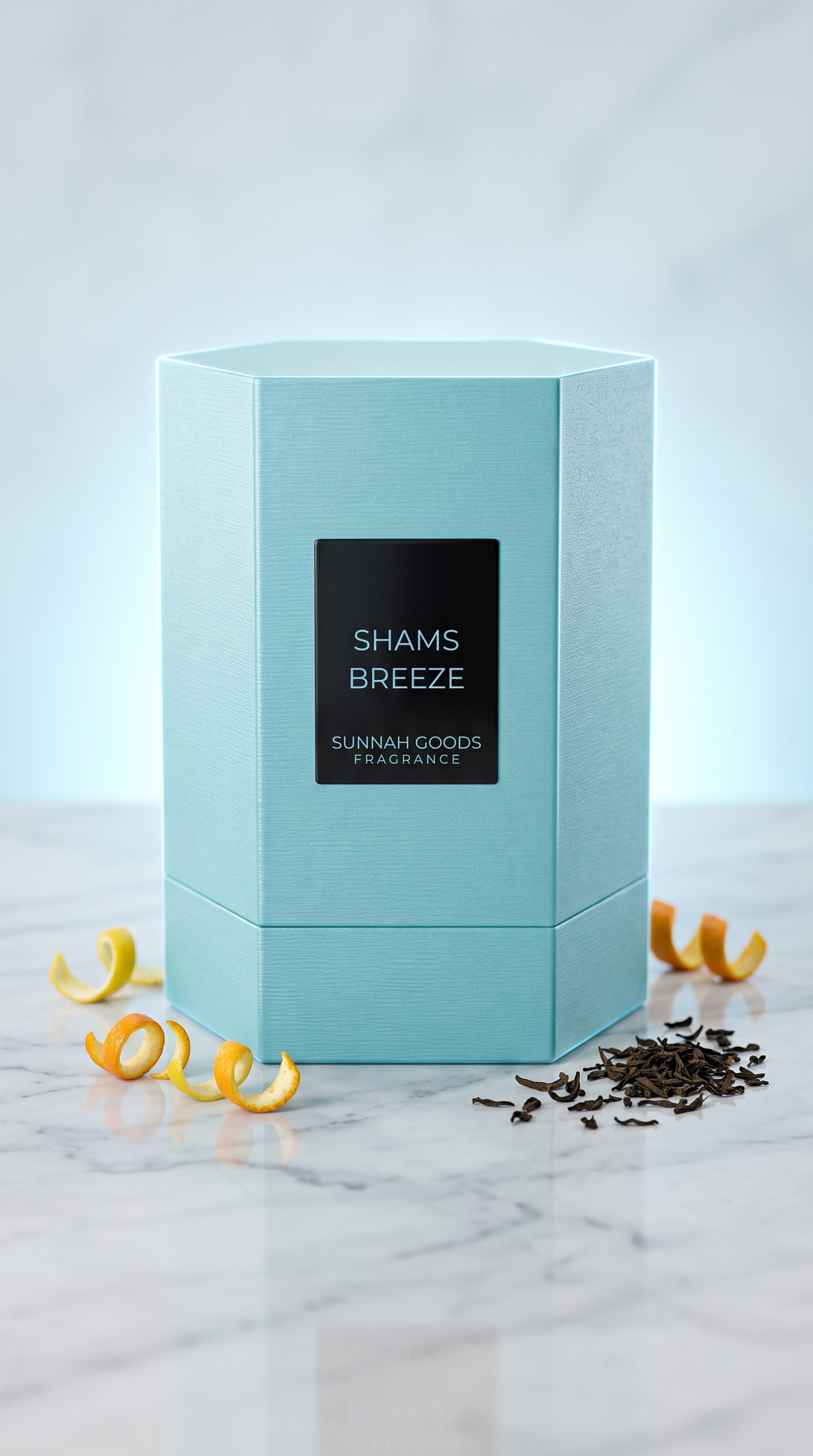 Light ocean blue Sunnah Goods gift box for Shams Breeze EDP on light marble