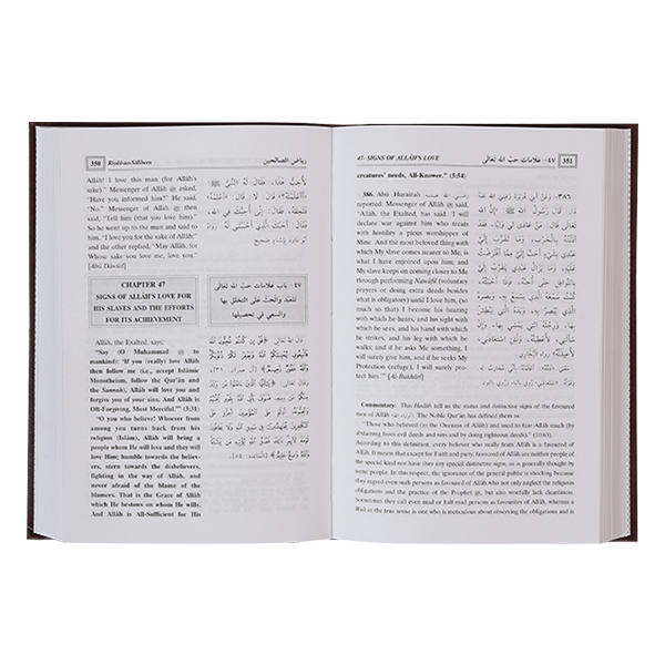 Riyad as-Saliheen – open book showing hadith in Arabic and English with commentary
