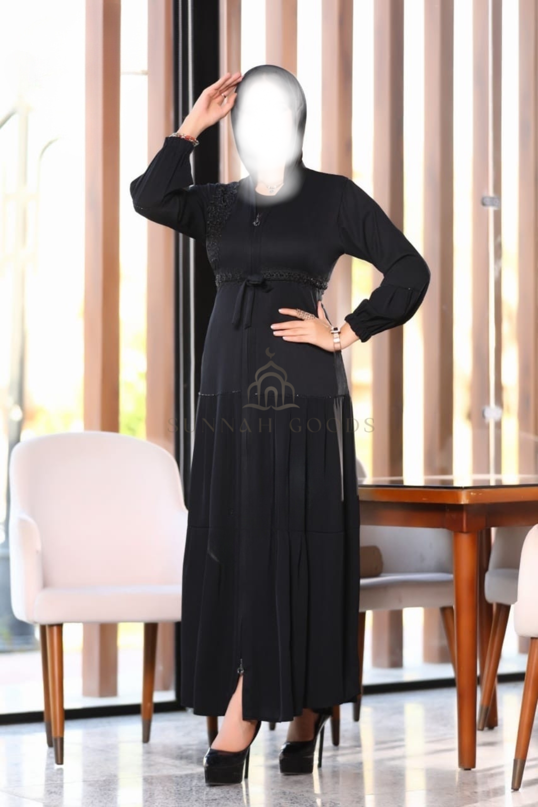 Waist Fitted Black Abaya - Elegant Zip Up