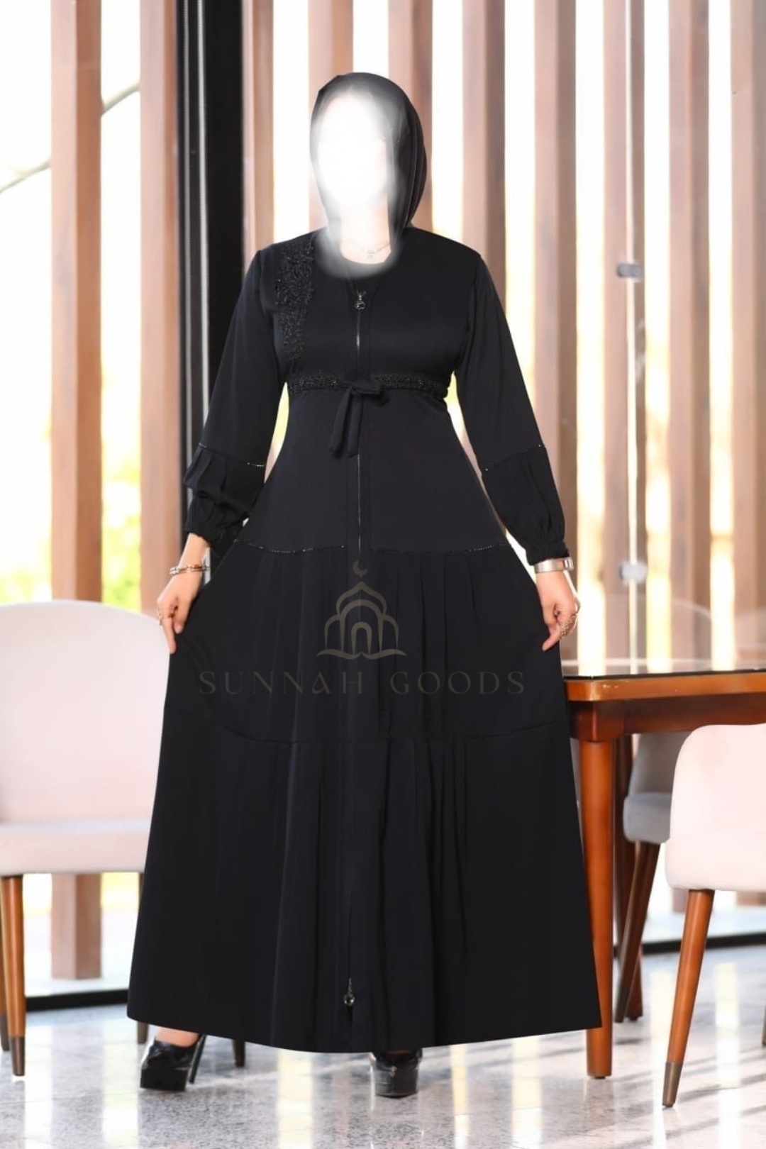 Waist Fitted Black Abaya - Elegant Zip Up