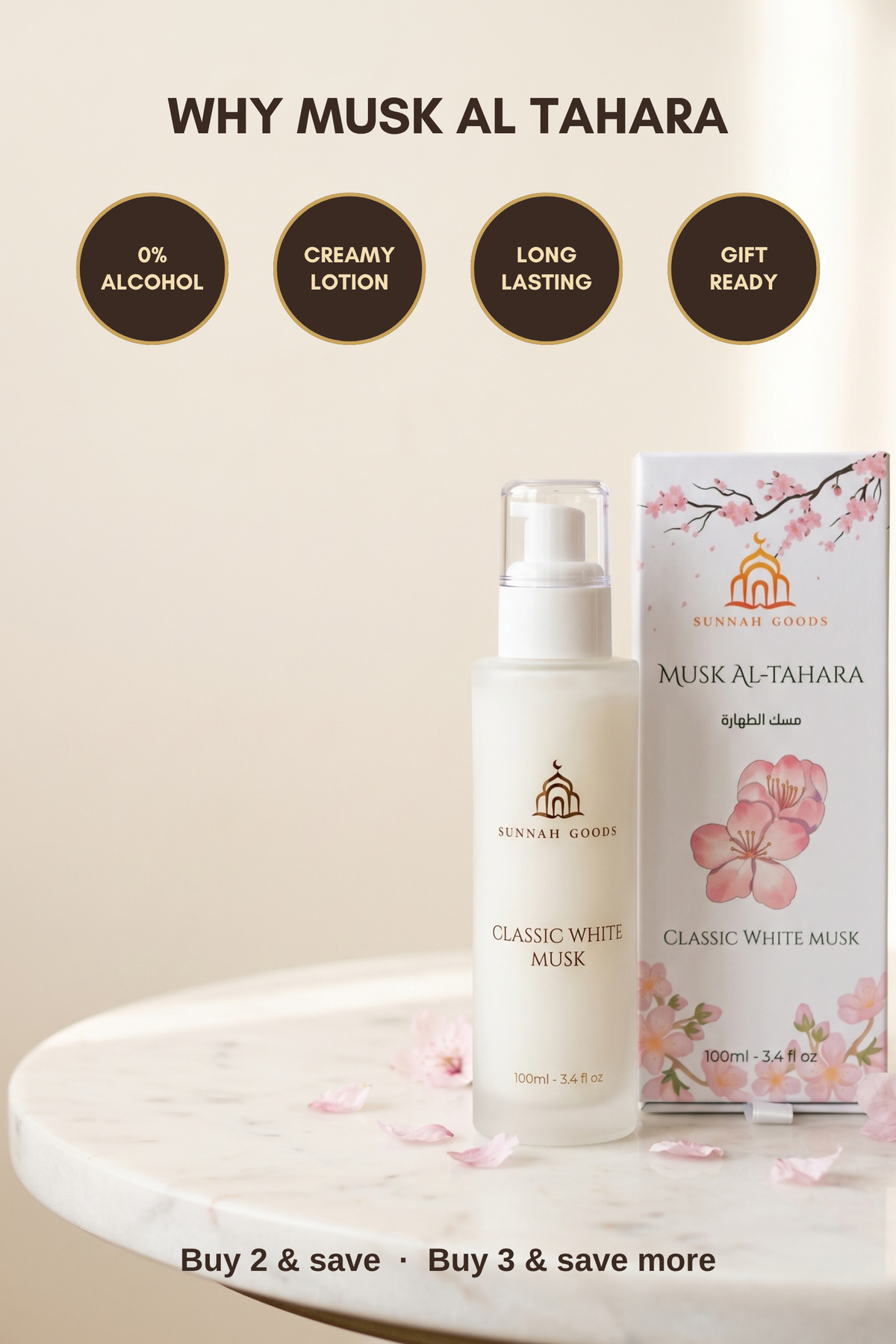 Why Musk Al Tahara: 0% alcohol, creamy lotion, long lasting and gift ready, buy 2 and save, buy 3 and save more