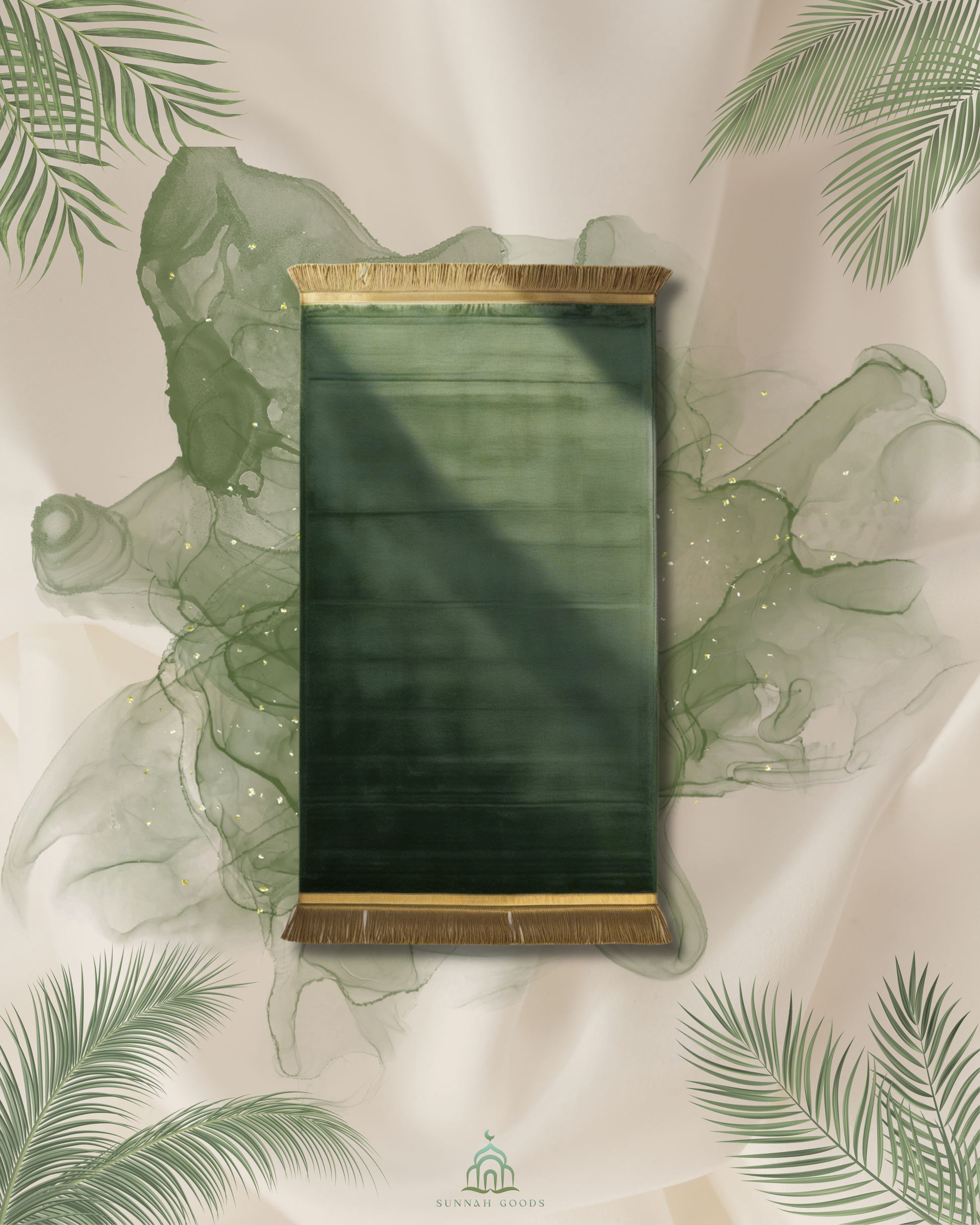 Green decorative panel with gold trim on a light background with palm leaf designs