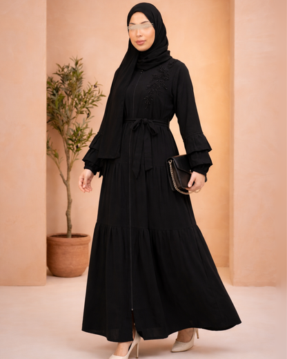 Waist Fitted Black Abaya - Elegant Zip Up