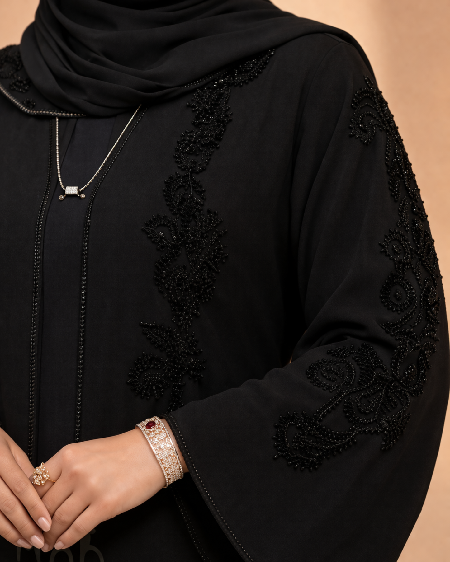 Black Abaya - Open Pearled