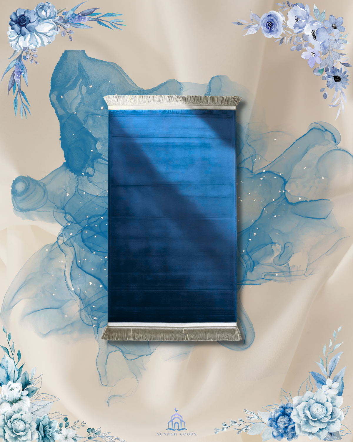 Blue velvet Turkish prayer mat on a floral watercolor background