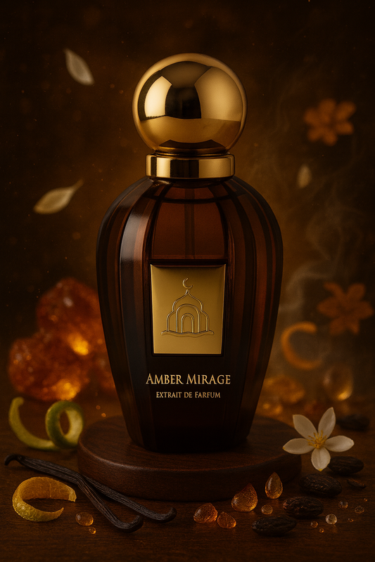 Amber Mirage extract de parfum bottle with gold cap on a dark background