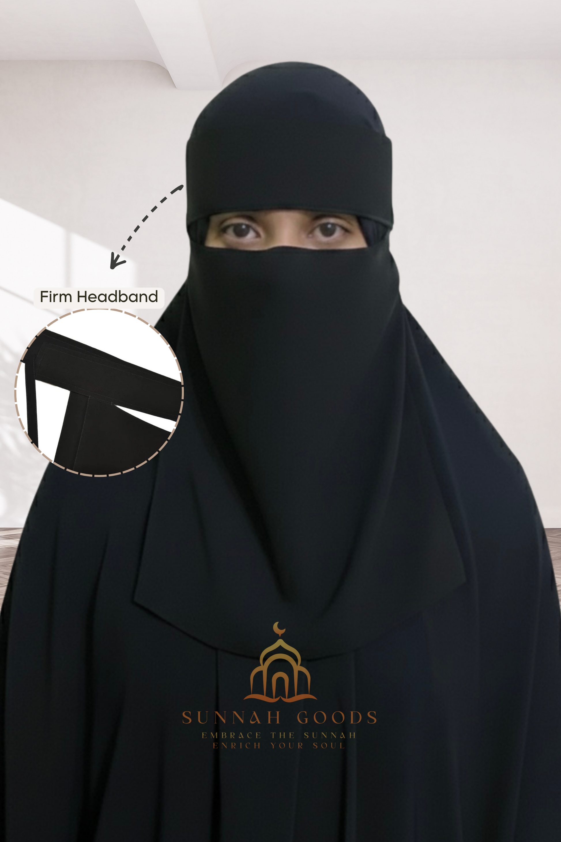 Person wearing a black niqab with a close-up of the headband, branded 'Sunnah Goods'.
