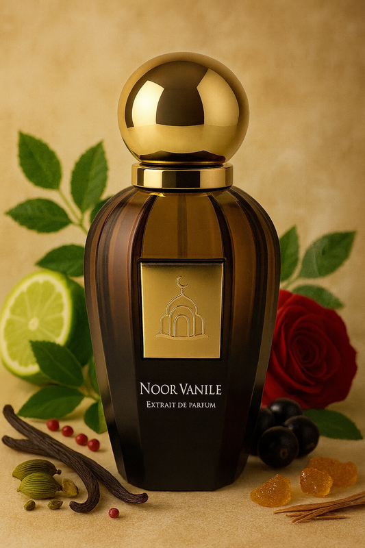 Noor Vanile perfume bottle with vanilla beans, rose, and lime on a beige background