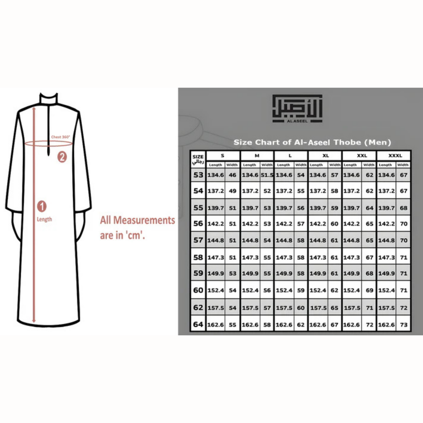 Al aseel thobe size chart men