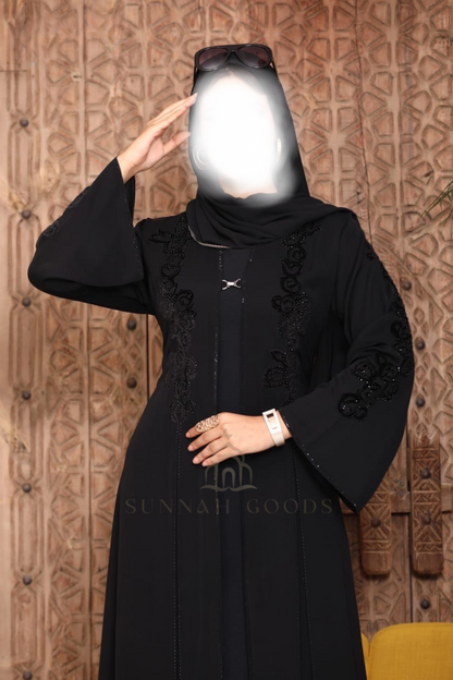 Black Open Pearled Abaya For Woman, Modest Abaya For Muslims