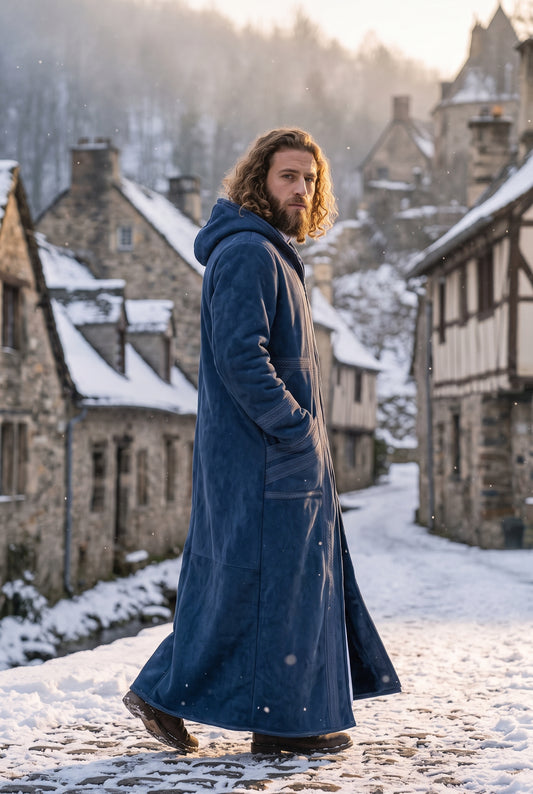 Man walking in snow wearing a navy Moroccan farwa full-zip winter coat