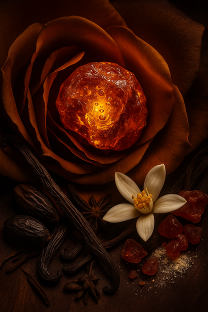 Rose with a glowing amber stone, vanilla bean, anise, and dried fruits on a dark background