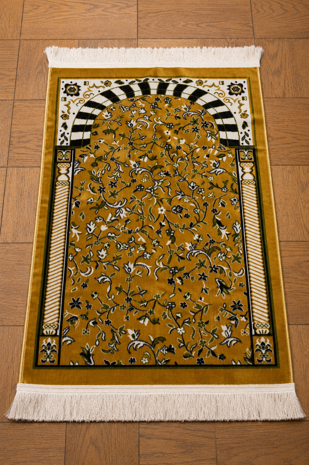 Luxurious thick Turkish prayer mat in gold, adorned with exquisite patterns for a regal prayer experience from sunnah goods