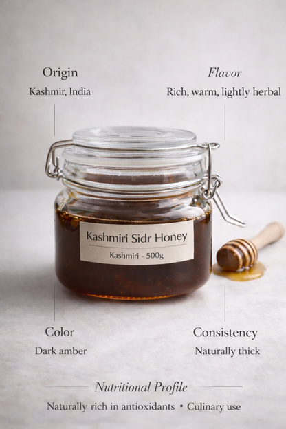 Raw Sidr Honey (Kashmiri) – Unpasteurized & Unfiltered, 500g Glass Jar