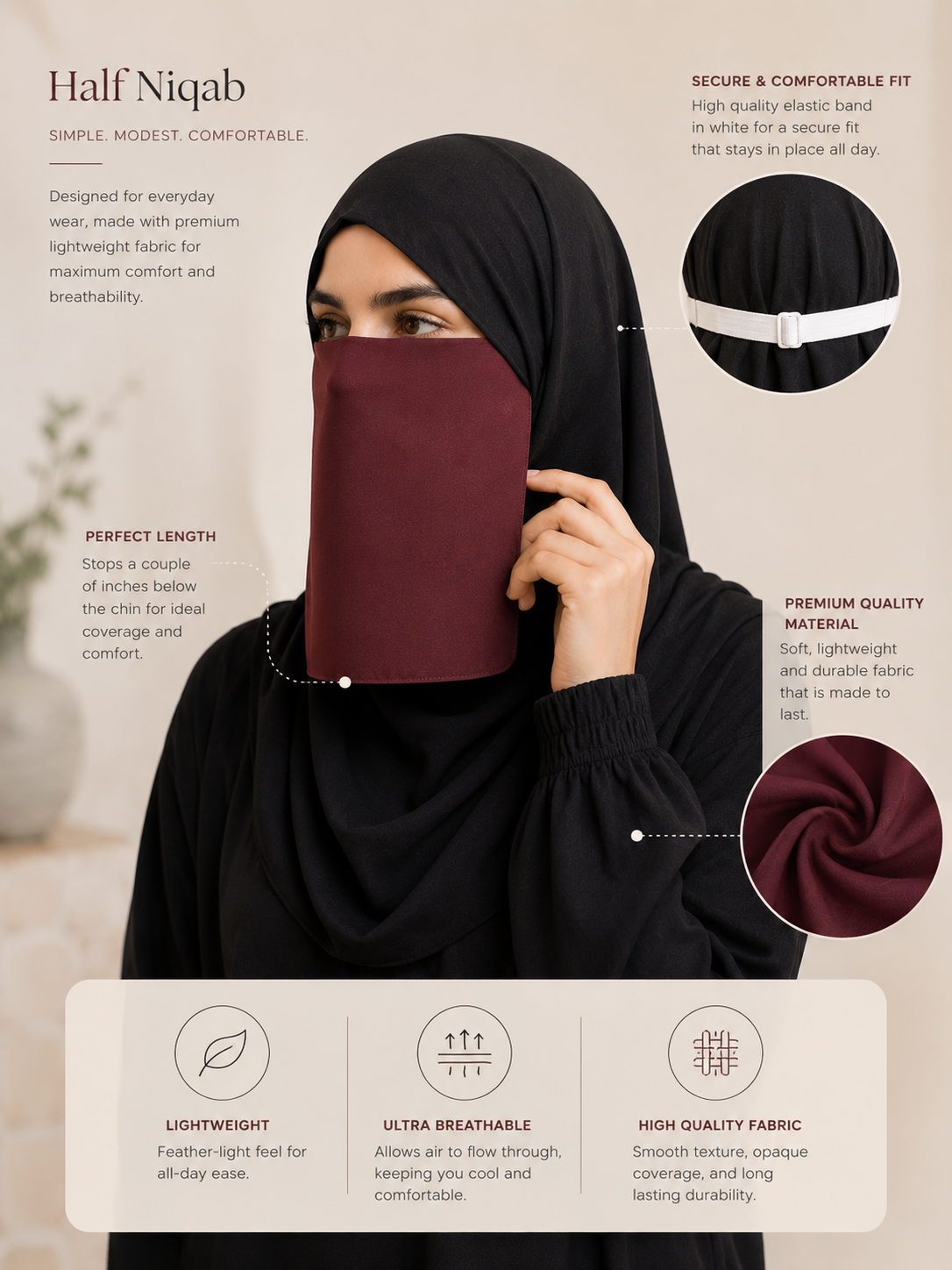 Half Niqab Super Breathable Veil - Short