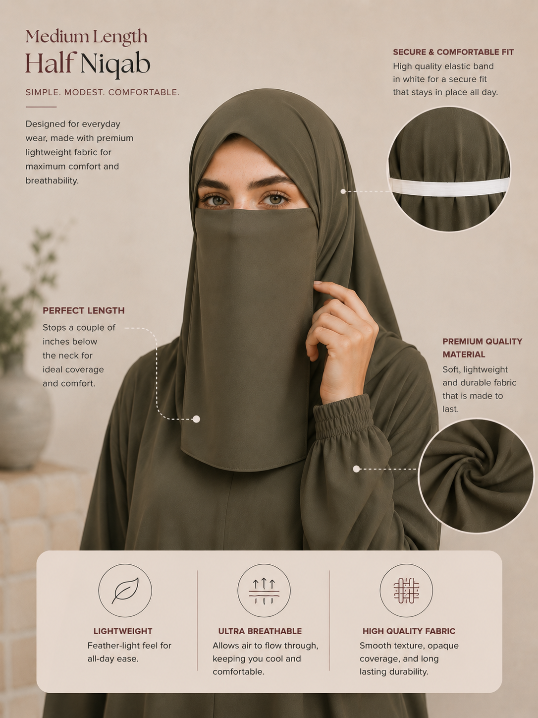 Half Niqab Super Breathable Veil - Medium