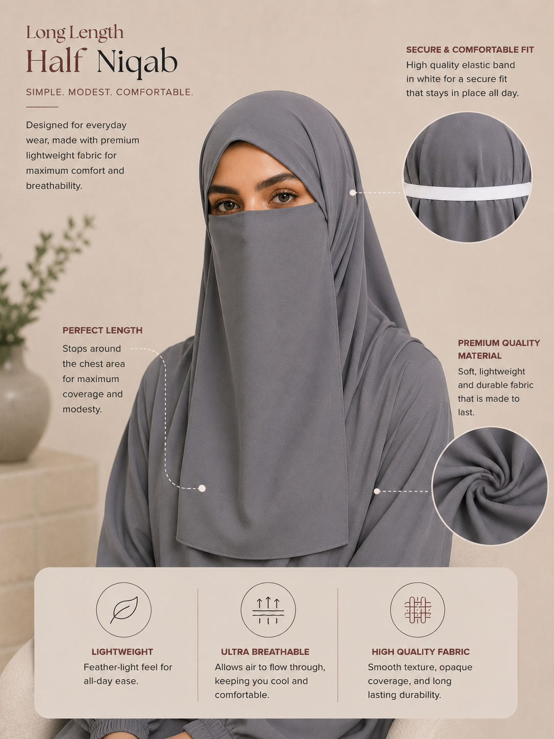Half Niqab Super Breathable Veil - Long