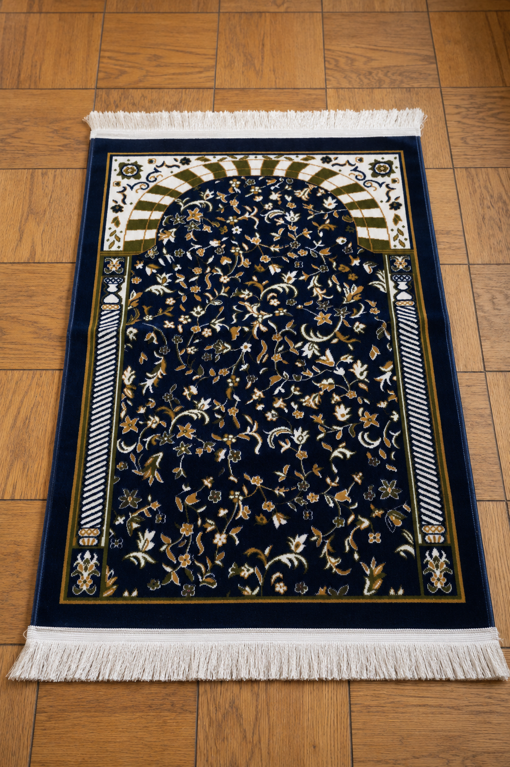 Classic navy Turkish prayer mat with a thick build and traditional designs for enhanced prayer comfort