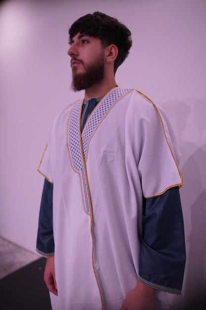 Luxury Half-Sleeve Bisht with Gold Embroidery – Black & White