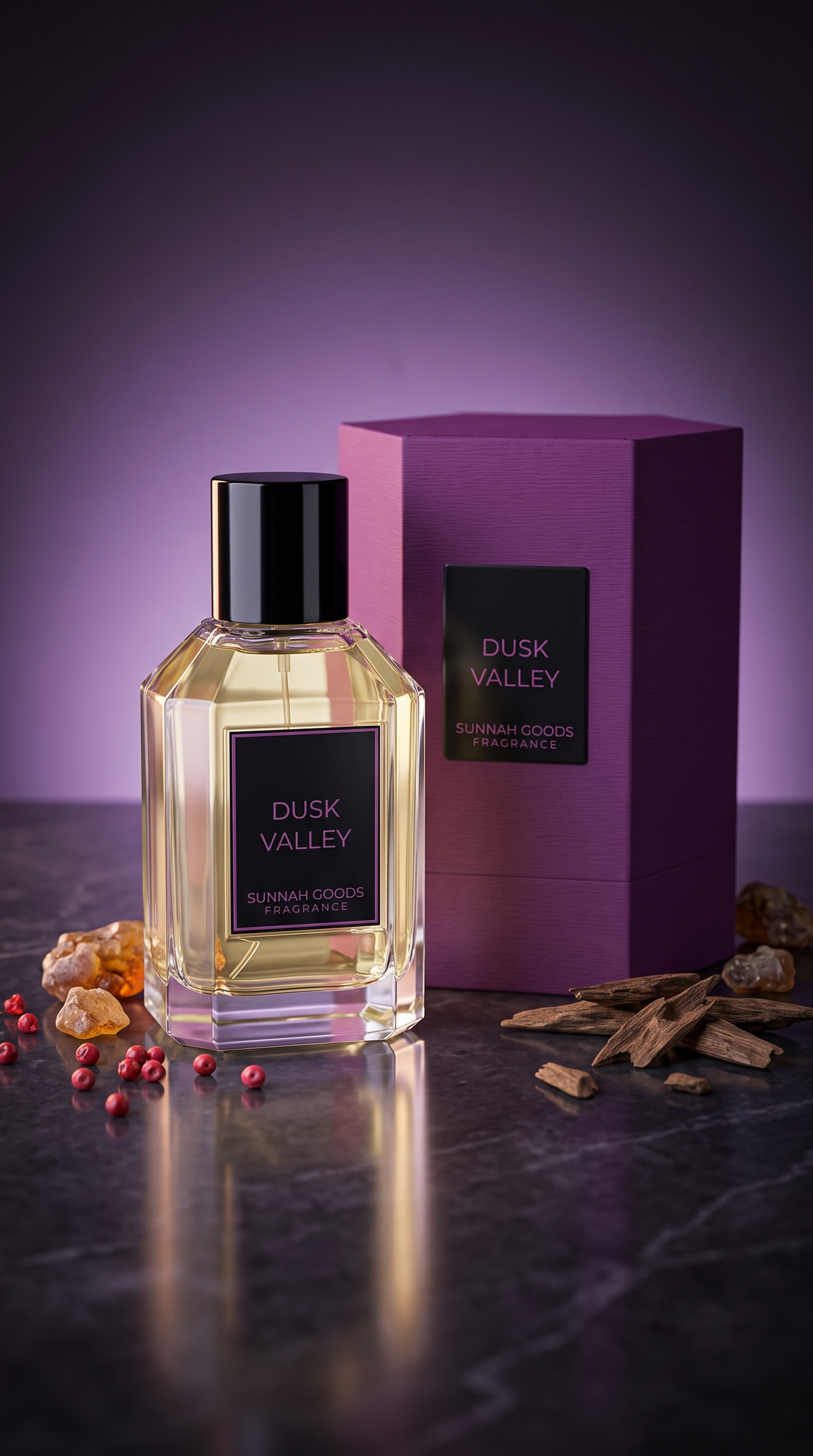 Dusk Valley EDP bottle beside its purple Sunnah Goods gift box, with oud and amber notes in moody violet lighting