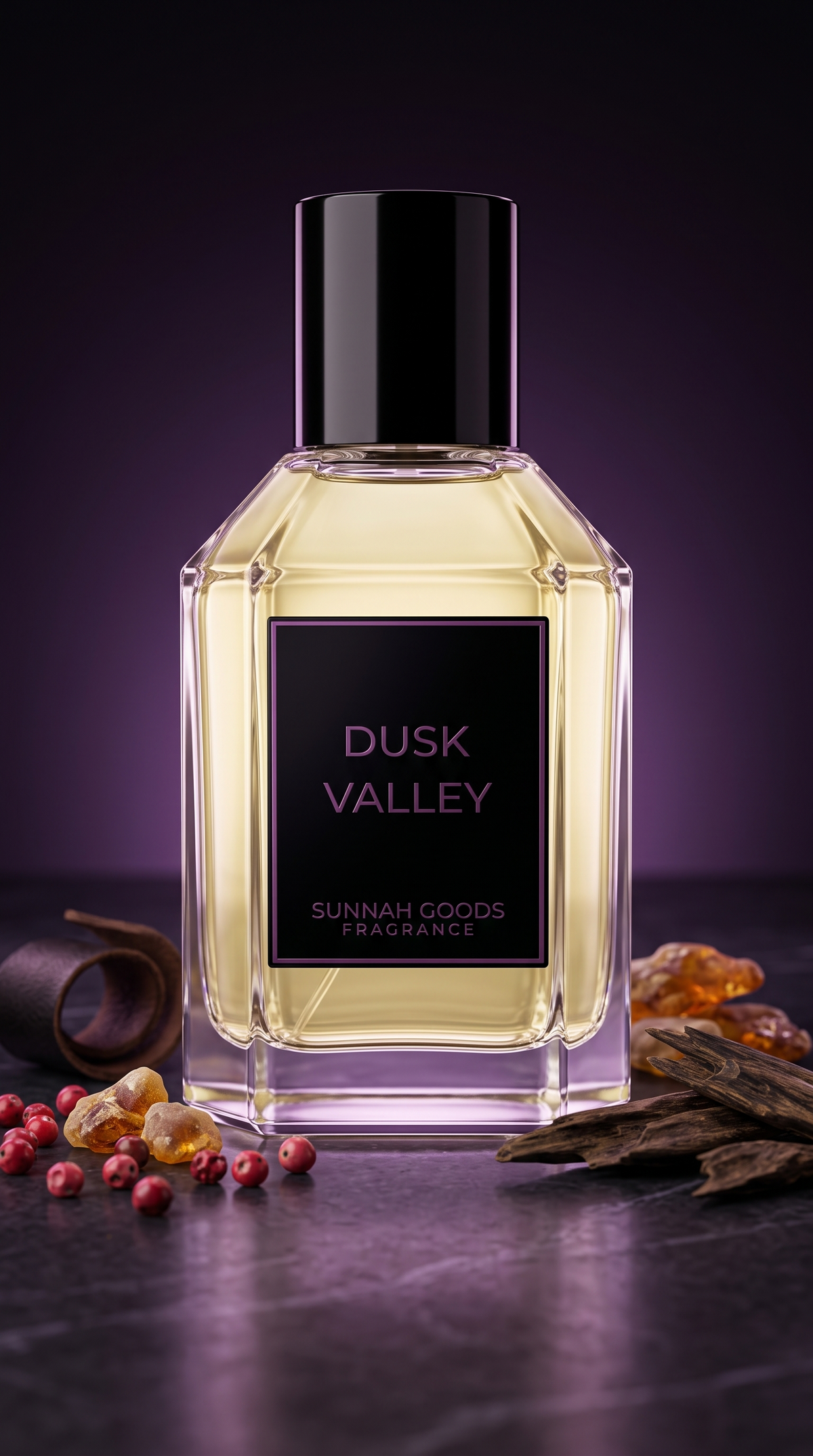 Dusk Valley EDP perfume bottle by Sunnah Goods, clear glass with black cap and purple nameplate, with oud wood, pink pepper and amber on dark marble