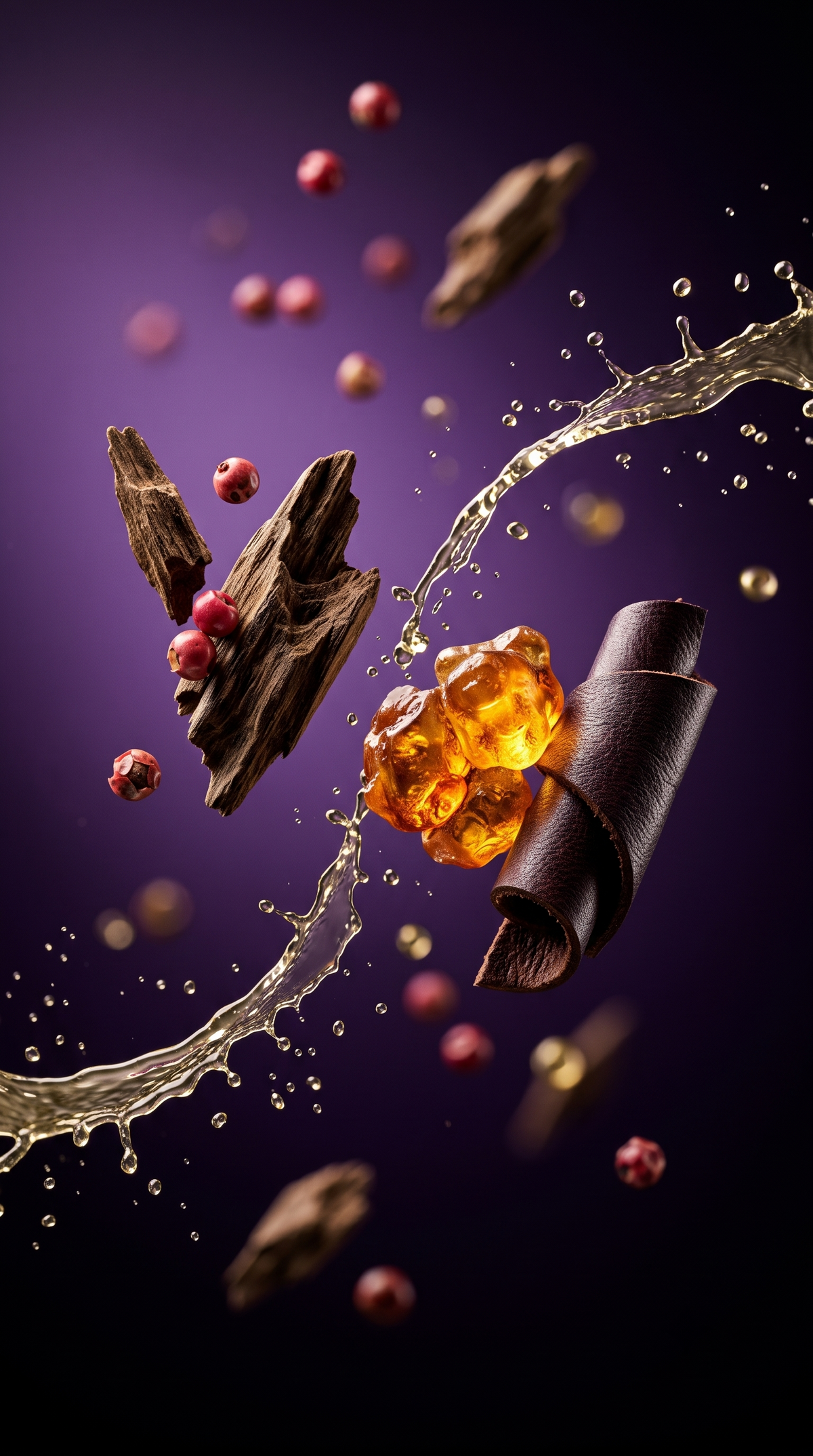 Dusk Valley fragrance notes, pink pepper, oud wood, amber and leather, floating in mid air on a violet background