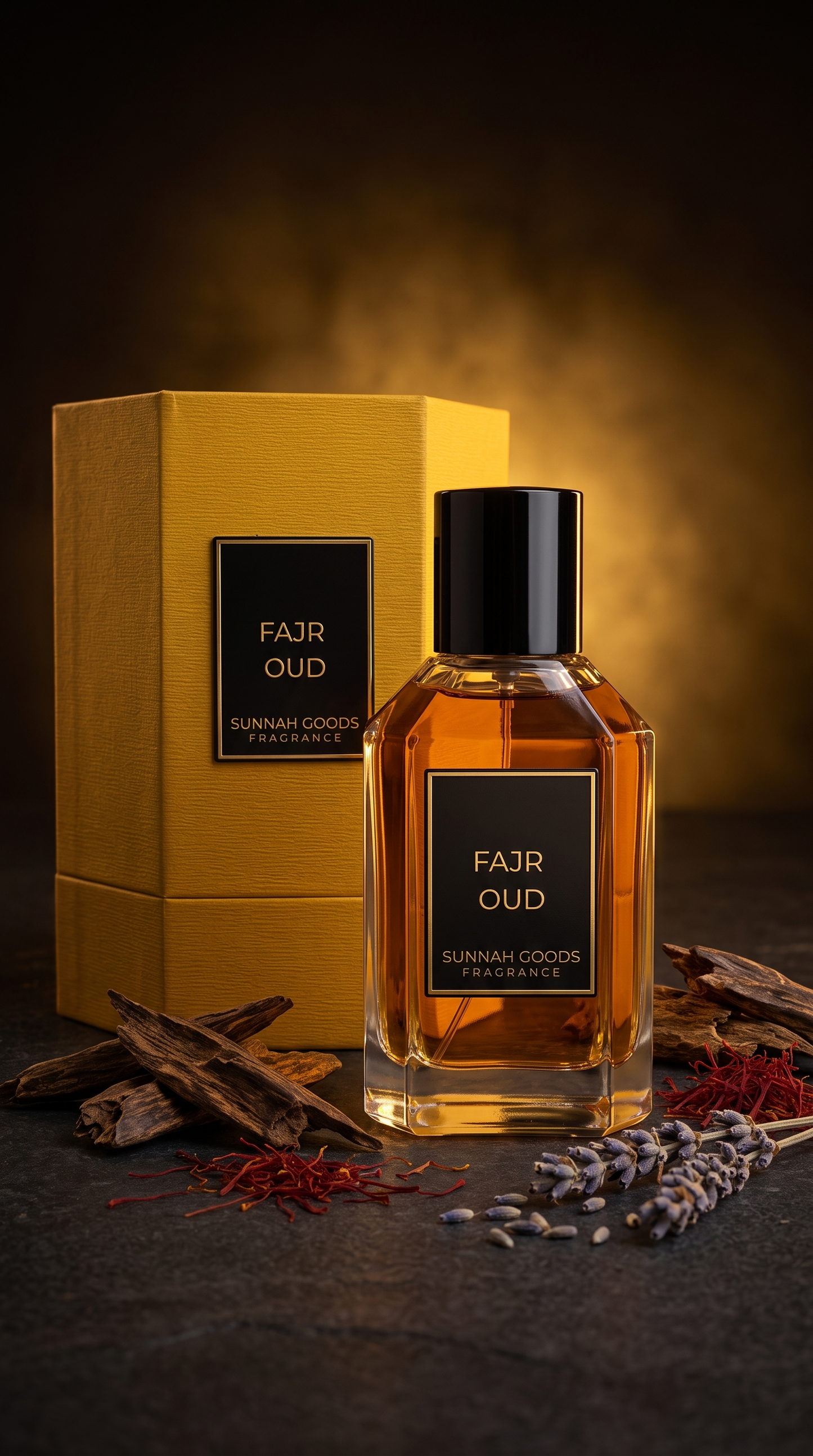 Fajr Oud EDP bottle beside its gold Sunnah Goods gift box, with oud and saffron in warm smoky golden lighting