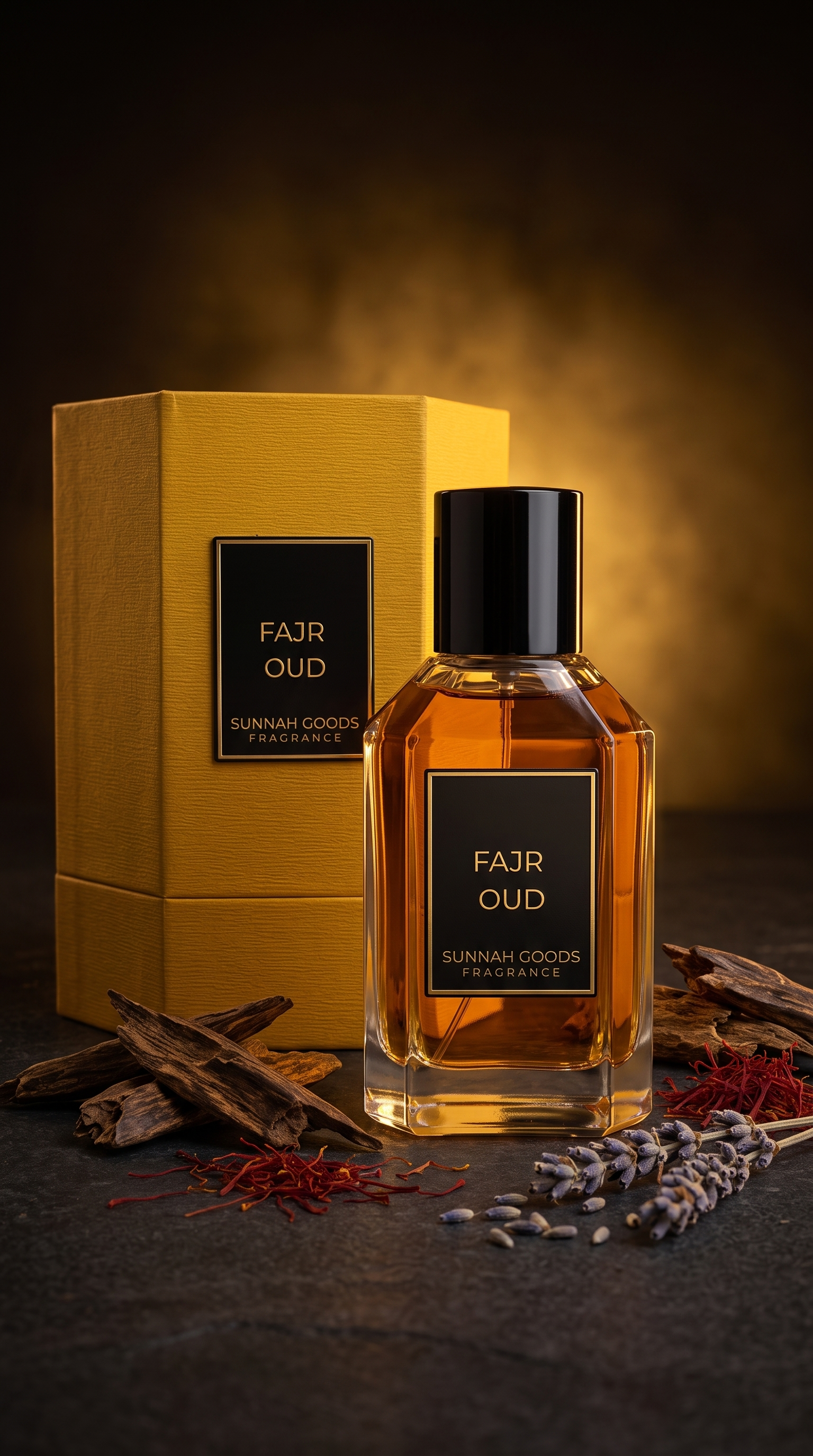 Fajr Oud EDP bottle beside its gold Sunnah Goods gift box, with oud and saffron in warm smoky golden lighting