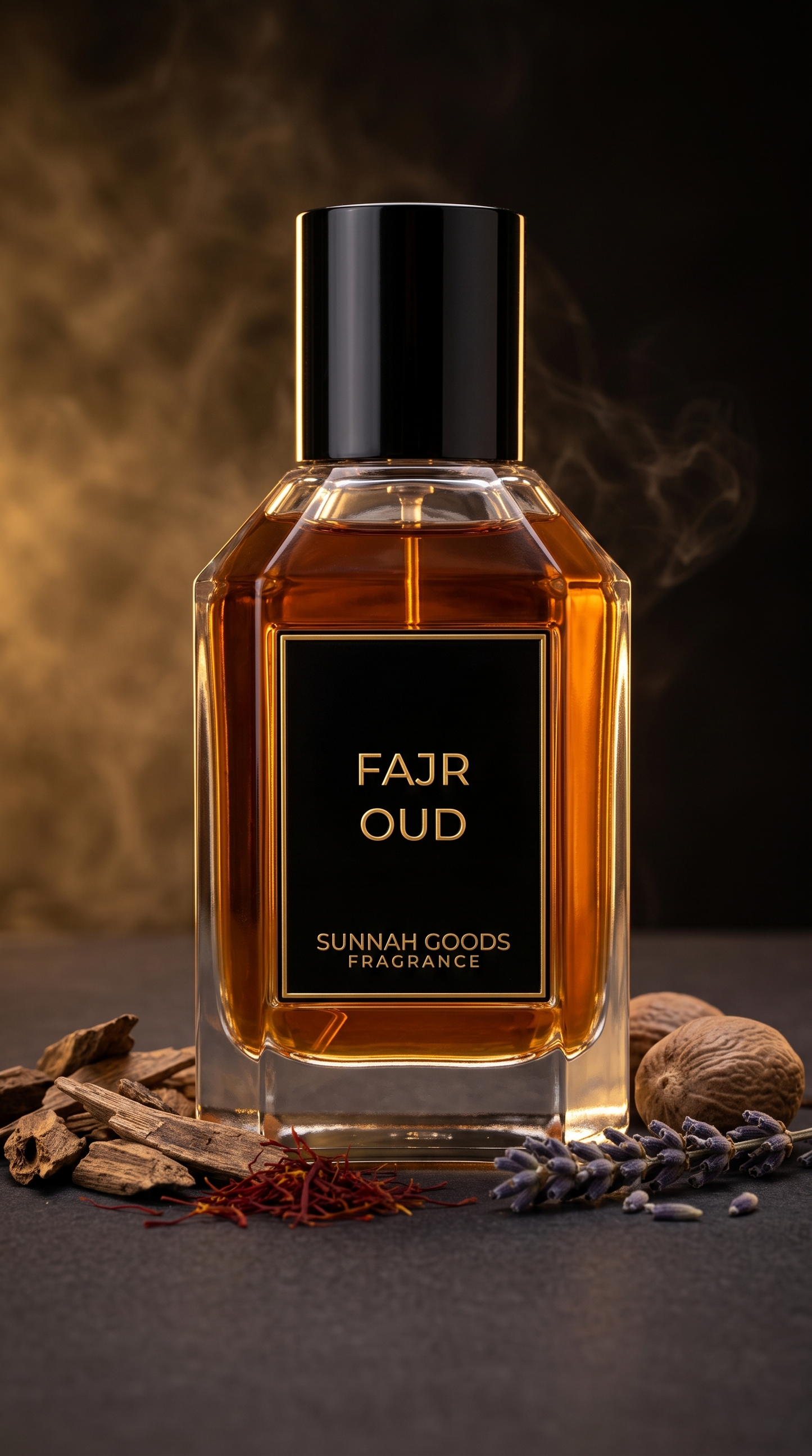 Fajr Oud EDP perfume bottle by Sunnah Goods, clear glass with black cap and gold nameplate, with oud wood, saffron and lavender on dark charcoal