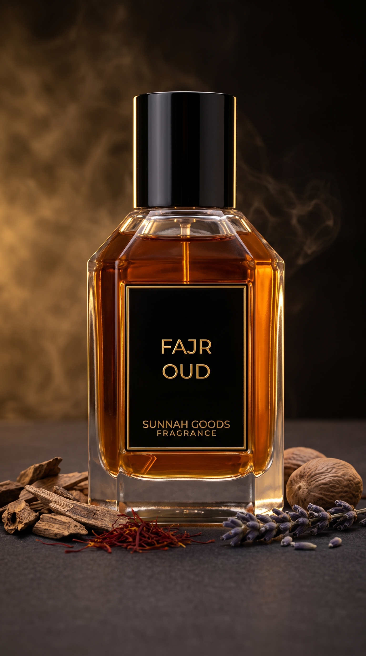 Fajr Oud EDP perfume bottle by Sunnah Goods, clear glass with black cap and gold nameplate, with oud wood, saffron and lavender on dark charcoal