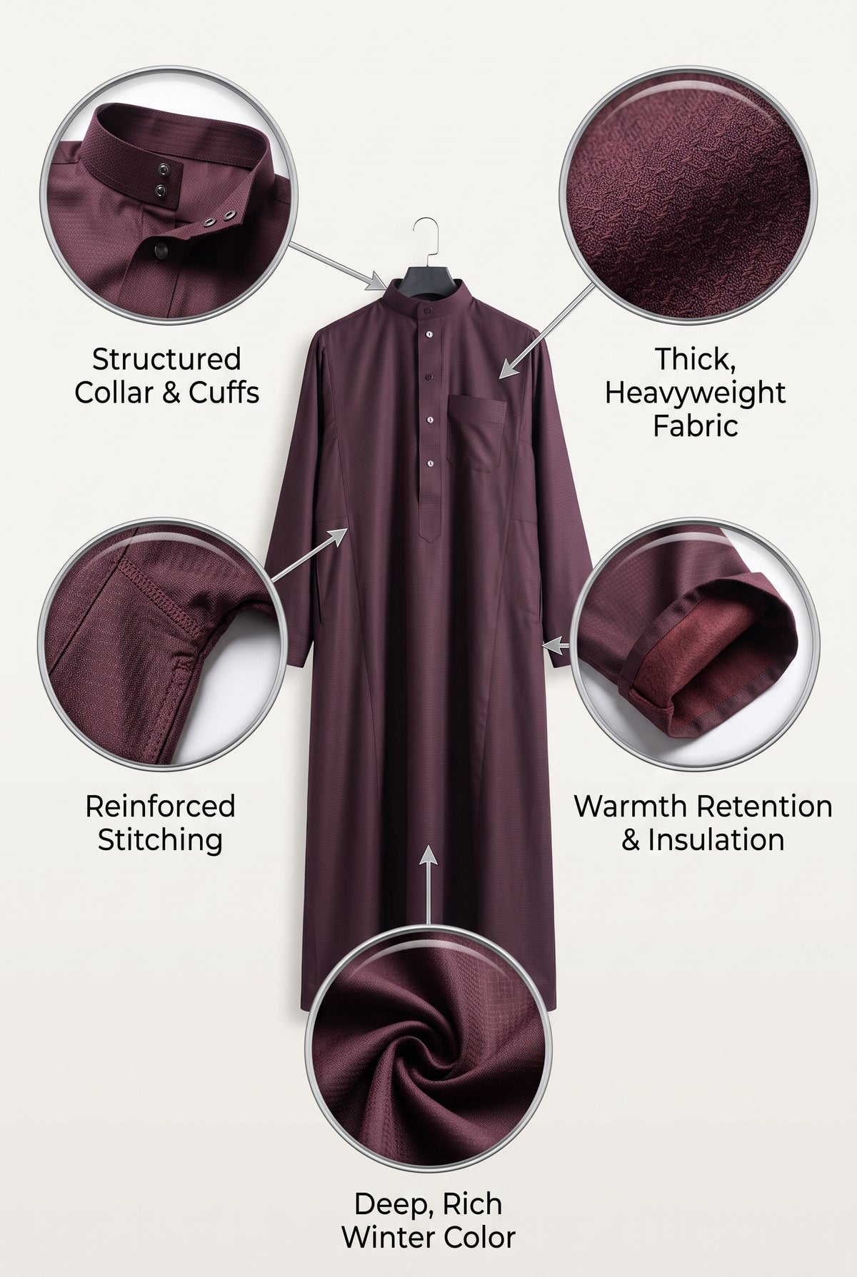 Burgundy Al Aseel winter thobe features: structured collar, thick heavyweight fabric, reinforced stitching and warmth retention