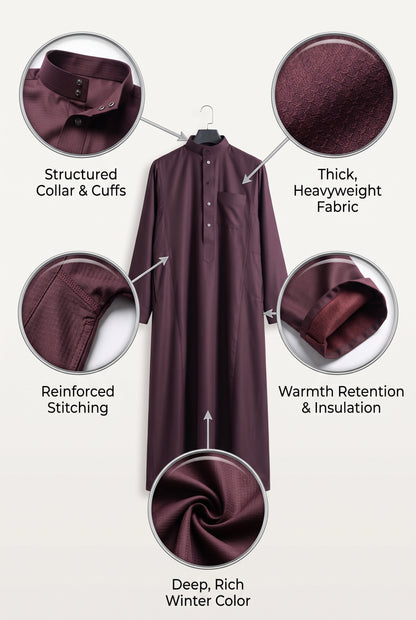 Burgundy Al Aseel winter thobe features: structured collar, thick heavyweight fabric, reinforced stitching and warmth retention