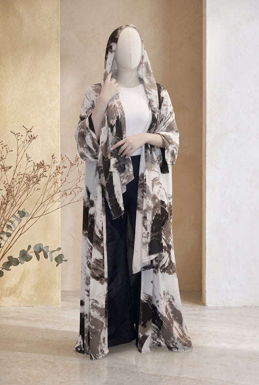 Black and white abstract watercolor print chiffon open abaya 2-piece set with matching hijab