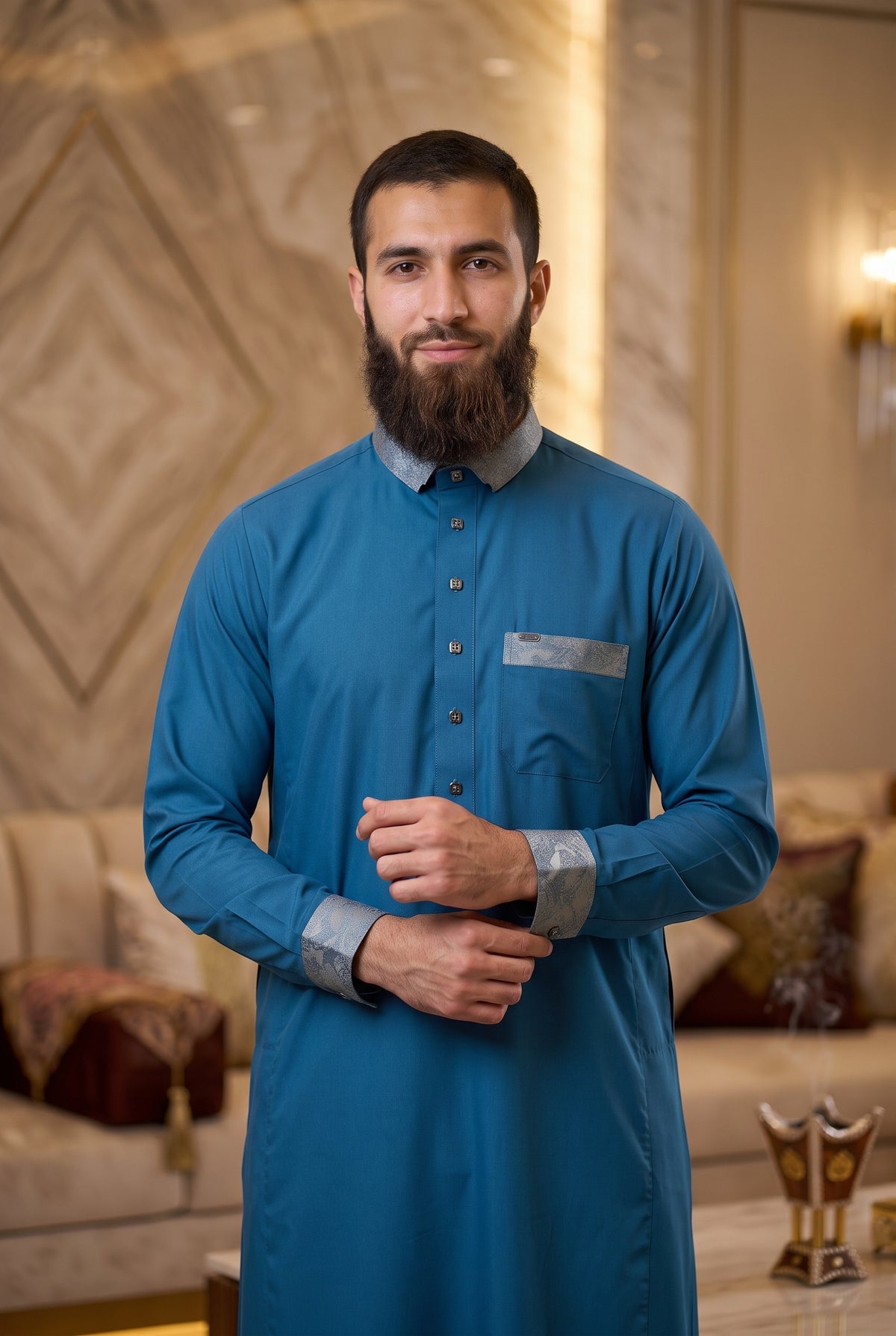 Luxury Signature Thobe for Men – Contrast Collar Saudi Thobe with Gold Buttons | Emerald & Ocean