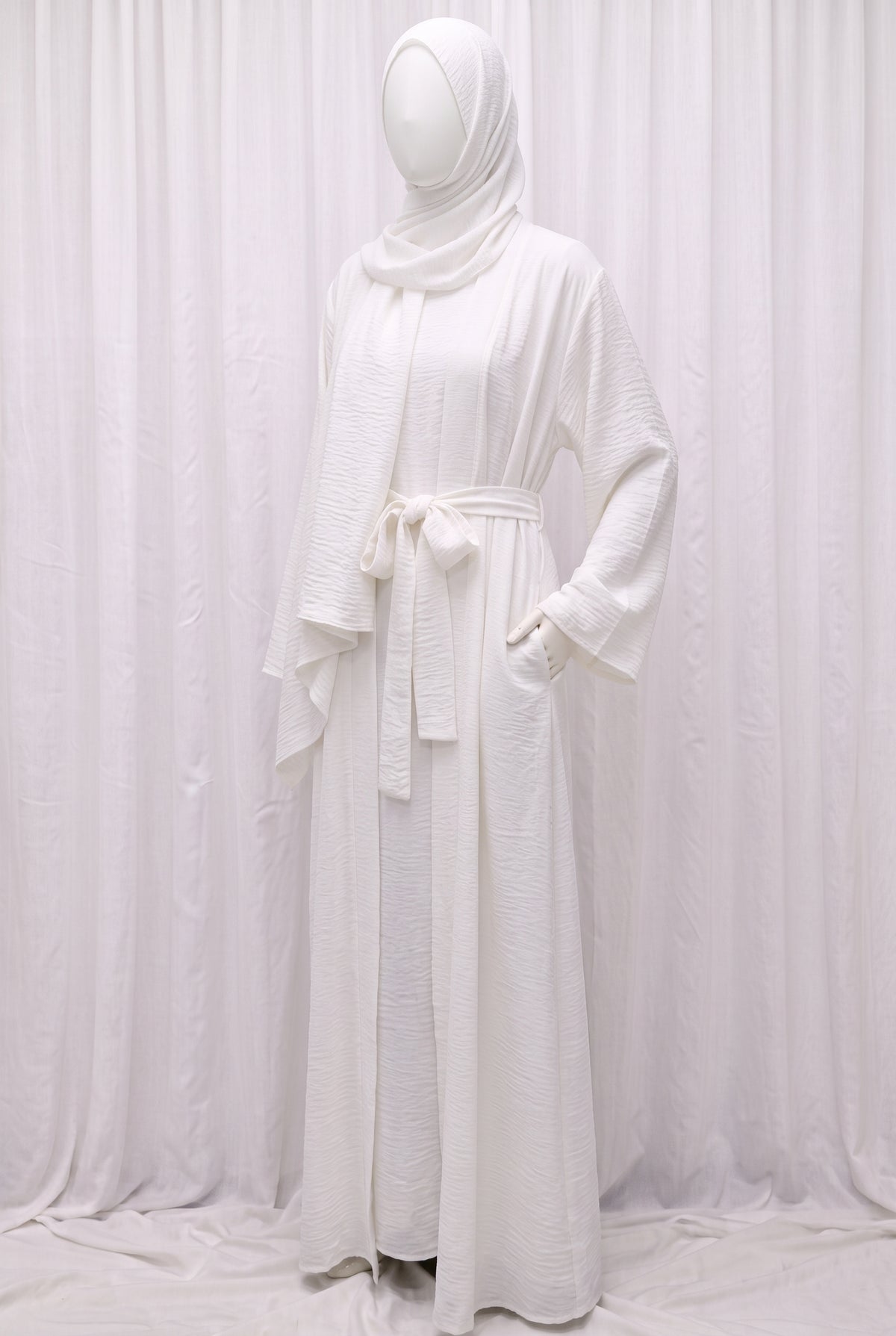 White elegant 3-piece abaya set with belt and matching hijab