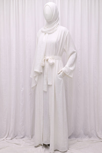 White elegant 3-piece abaya set with belt and matching hijab