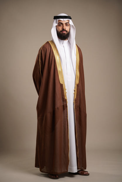 Bisht Cloak with Gold Embroidery for Men– Full Sleeve Arabic Thobe Robe | 5 Colors