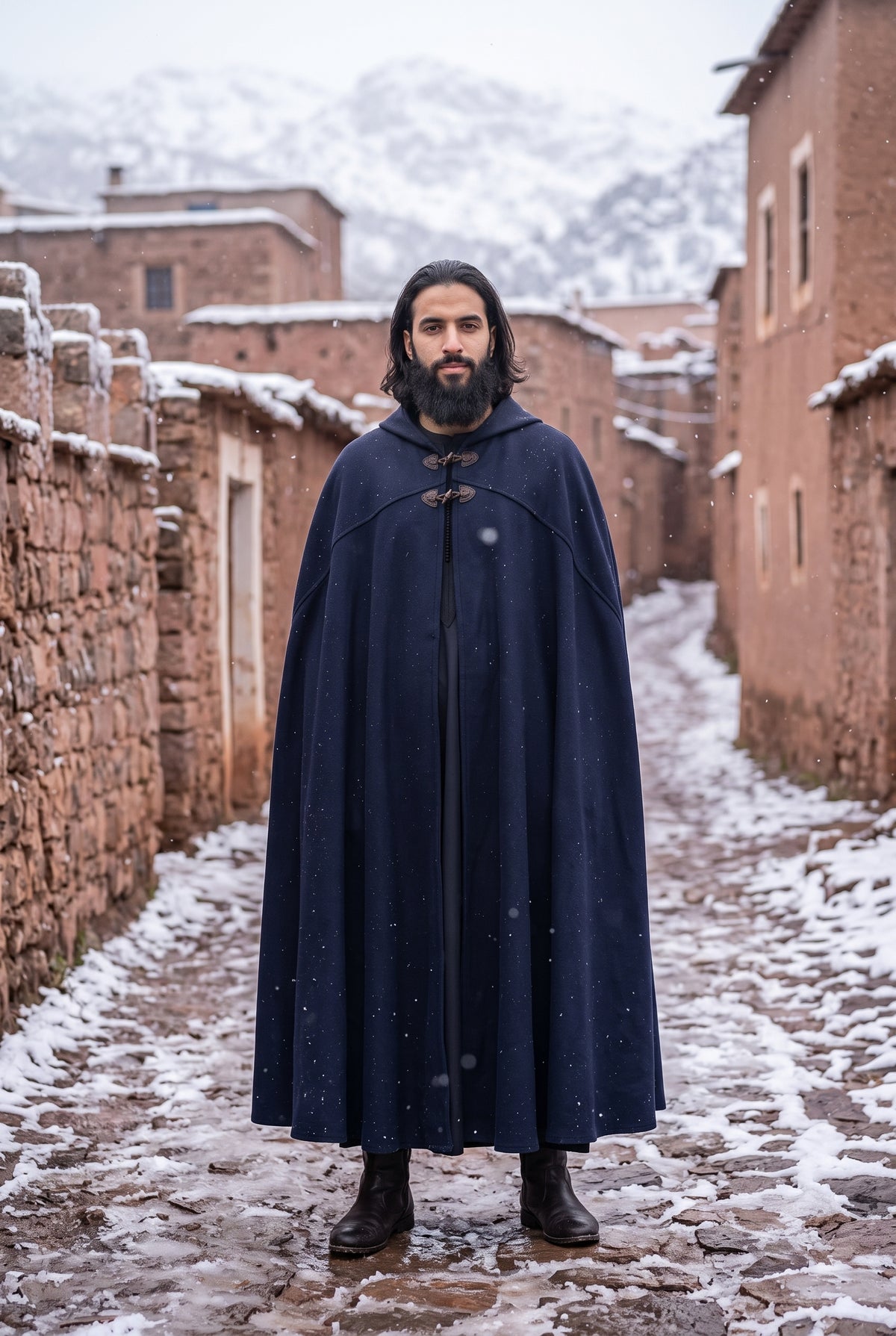 A man with a beard stands in a snowy village alley wearing a long navy blue cloak with toggle closures, surrounded by rustic stone and adobe buildings. Arabian Burnous – Hooded Winter Cloak Cape with Toggle Closure | Warm Oversized Djellaba Coat for Men