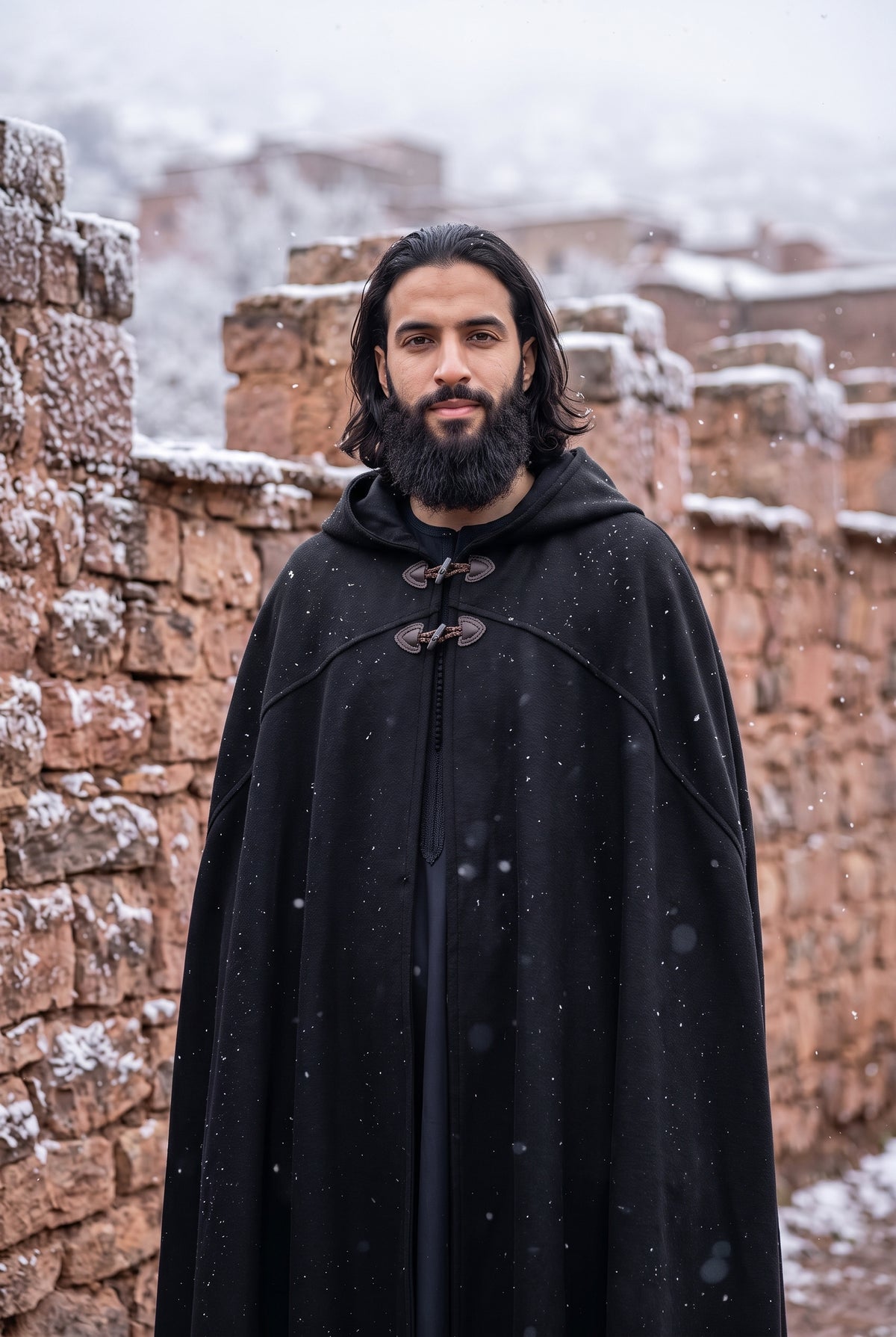 A man with a beard and long dark hair stands outdoors in front of snow-dusted stone walls, wearing a long black hooded cloak with toggle closures. Snow is falling lightly in the scene.Arabian Burnous – Hooded Winter Cloak Cape with Toggle Closure | Warm Oversized Djellaba Coat for Men