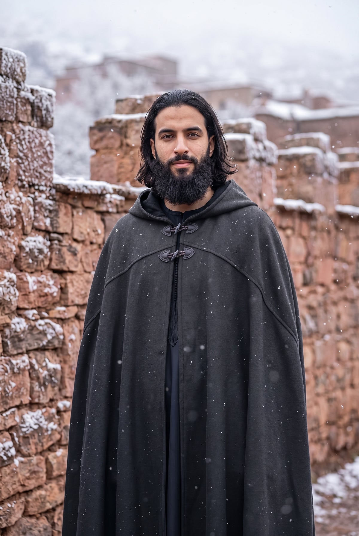 A man with a beard and long dark hair stands outdoors wearing a long black hooded cloak with toggle closures. Snow is lightly falling, and he is posed in front of rustic reddish-brown stone walls with snow-dusted buildings in the background.Arabian Burnous – Hooded Winter Cloak Cape with Toggle Closure | Warm Oversized Djellaba Coat for Men